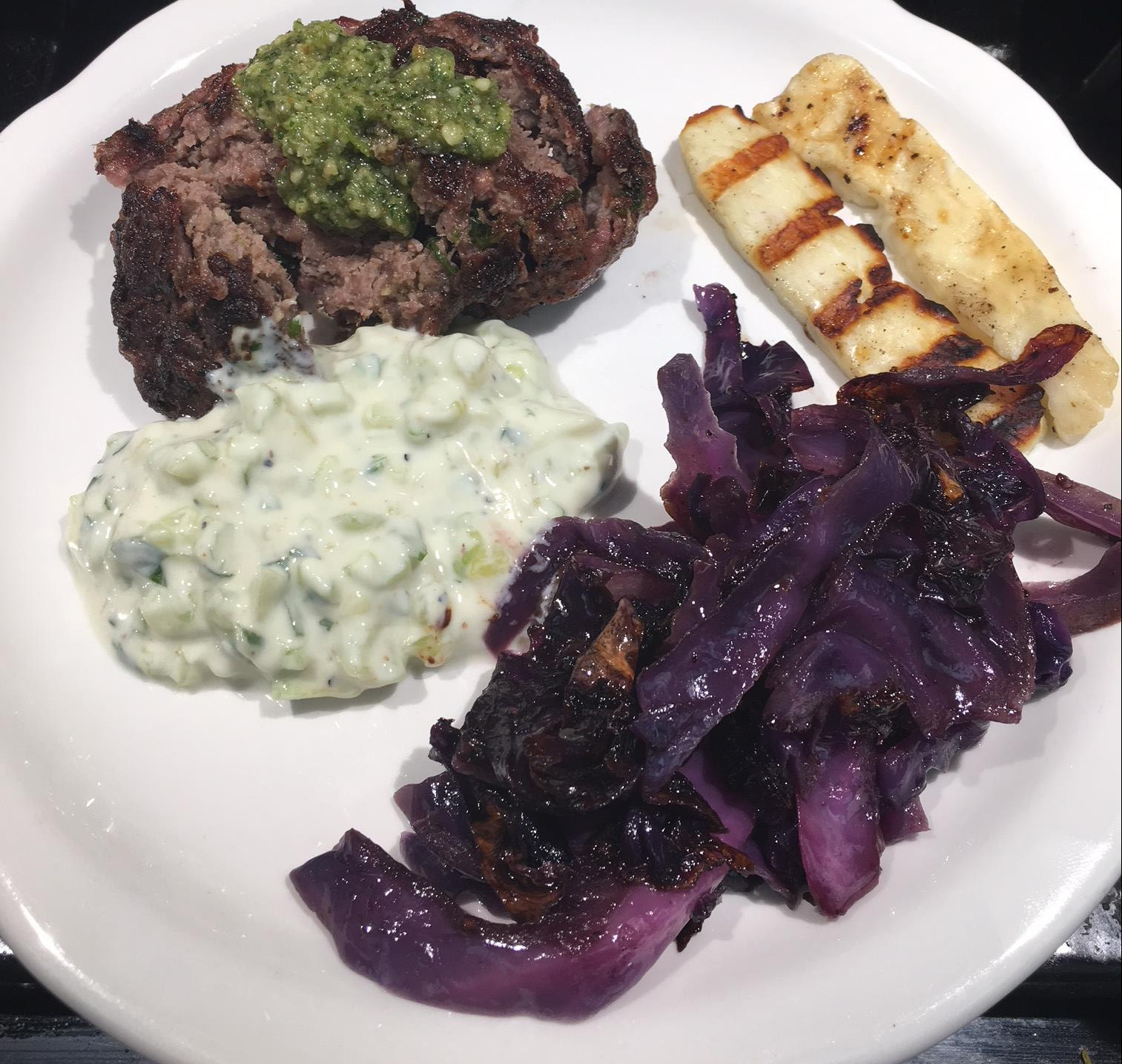 ground lamb kabob tzaziki cabbage and grilled halloumi cheese